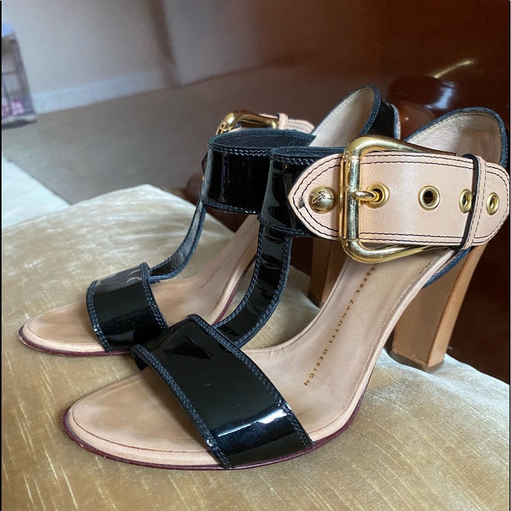 Black patent leather and tan T-strap  sandal
